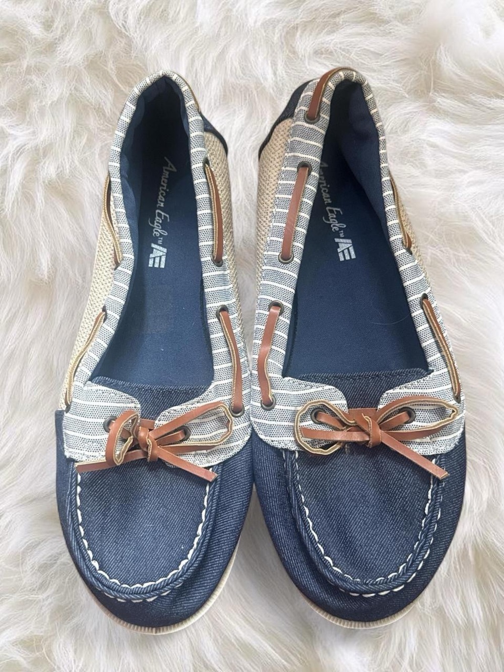 American Eagle Outfitters Navy and Tan Striped Canvas Boat Flats